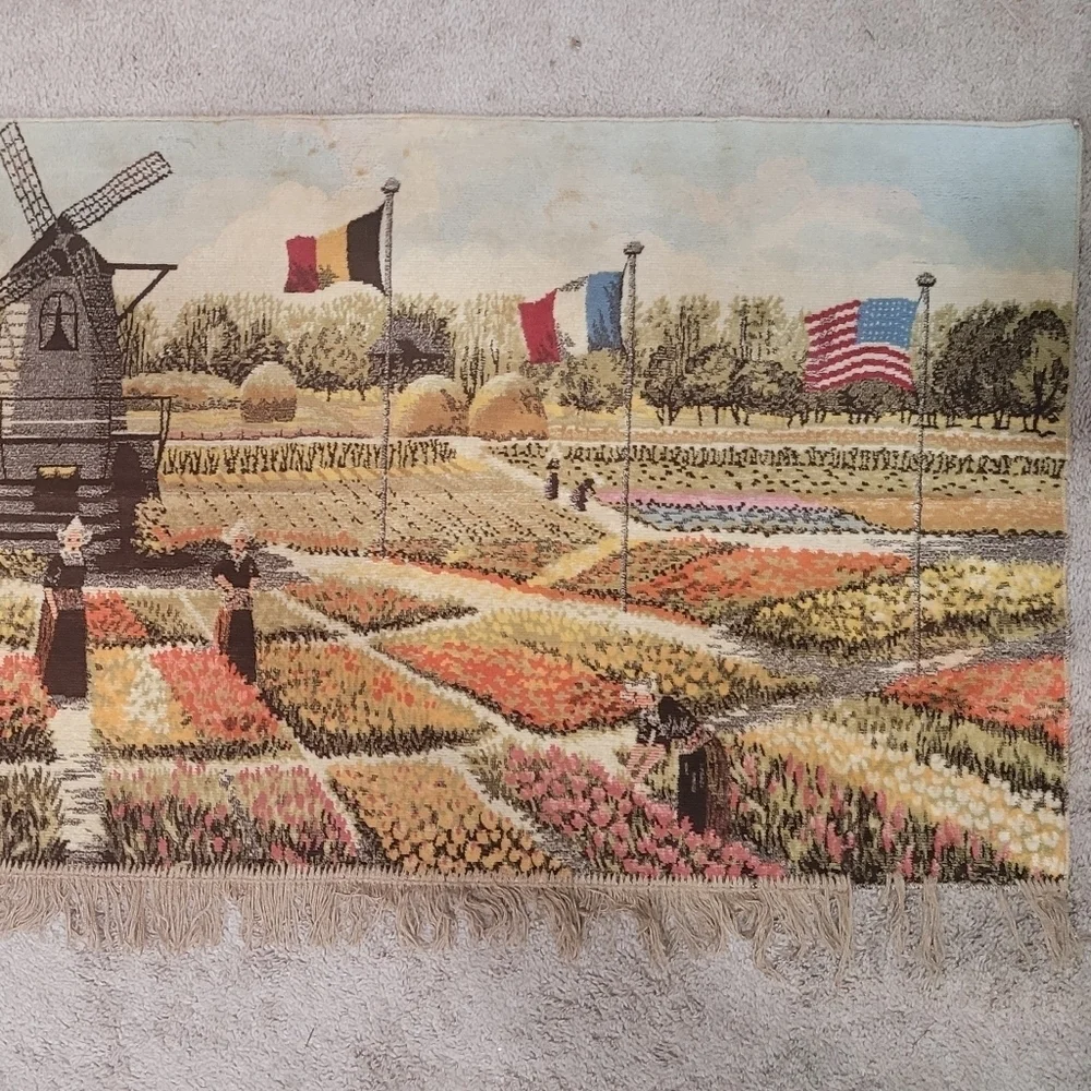 VTG Large Holland Tapestry with Fringe 66x28 Windmill & Flags